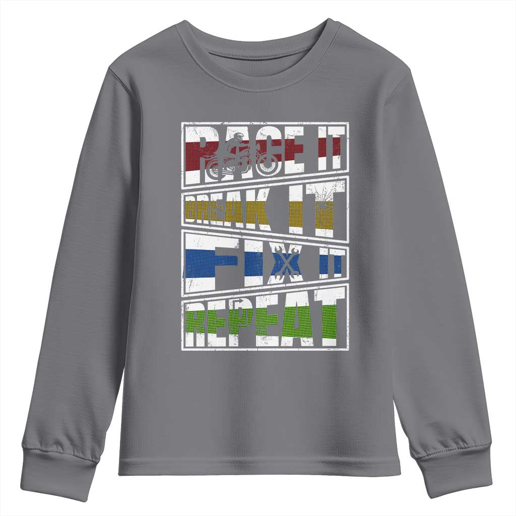 Racing Youth Sweatshirt Race It Break It Fix It Repeat Racer TS09 Charcoal Print Your Wear