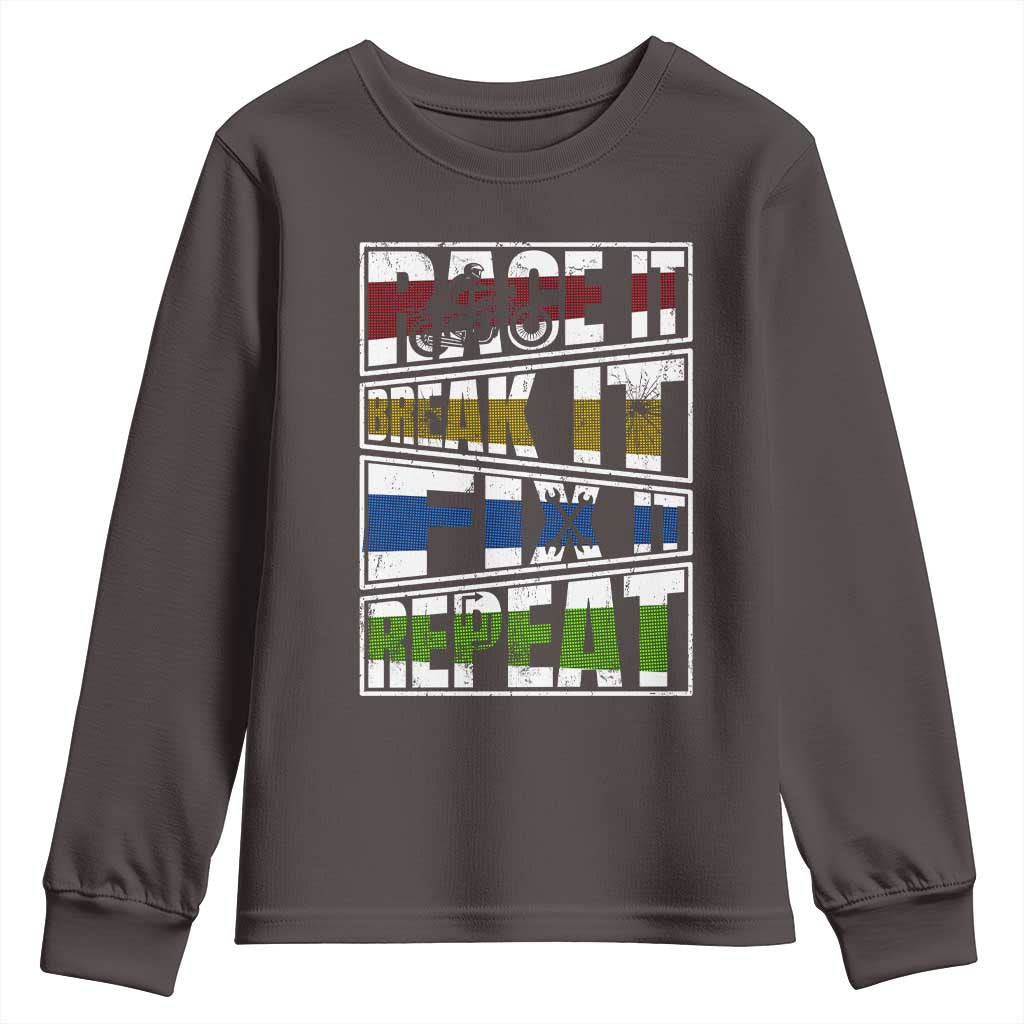 Racing Youth Sweatshirt Race It Break It Fix It Repeat Racer TS09 Dark Chocolate Print Your Wear