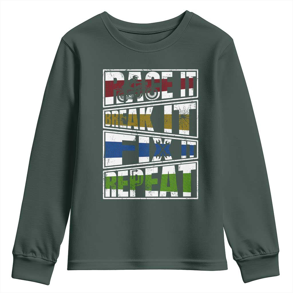 Racing Youth Sweatshirt Race It Break It Fix It Repeat Racer TS09 Dark Forest Green Print Your Wear