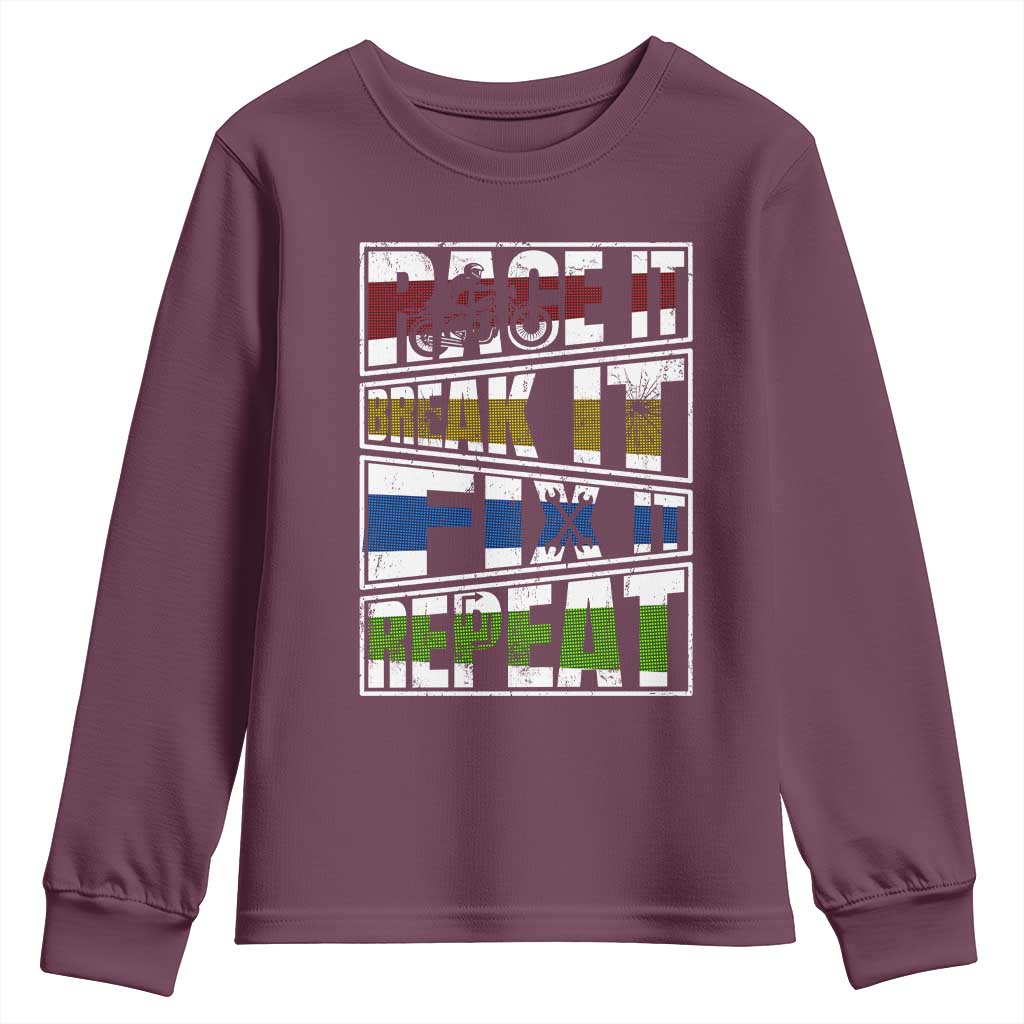 Racing Youth Sweatshirt Race It Break It Fix It Repeat Racer TS09 Maroon Print Your Wear