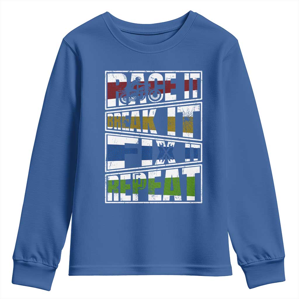 Racing Youth Sweatshirt Race It Break It Fix It Repeat Racer TS09 Royal Blue Print Your Wear