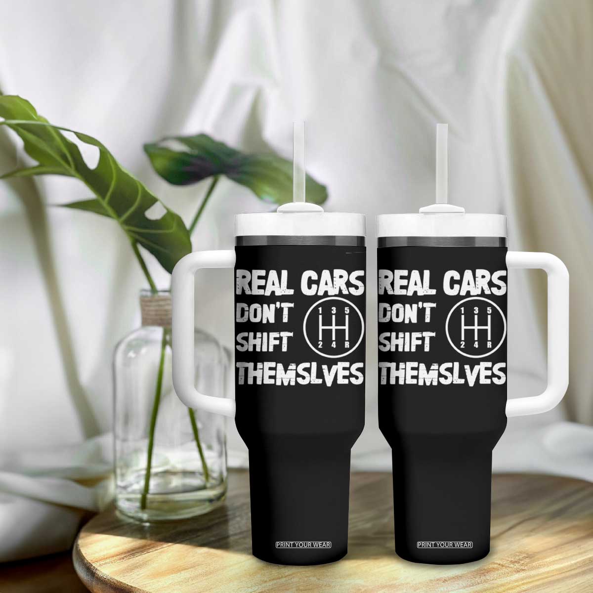 Racing Car Tumbler With Handle Real Cars Don't Shift Themselves TS09 Print Your Wear