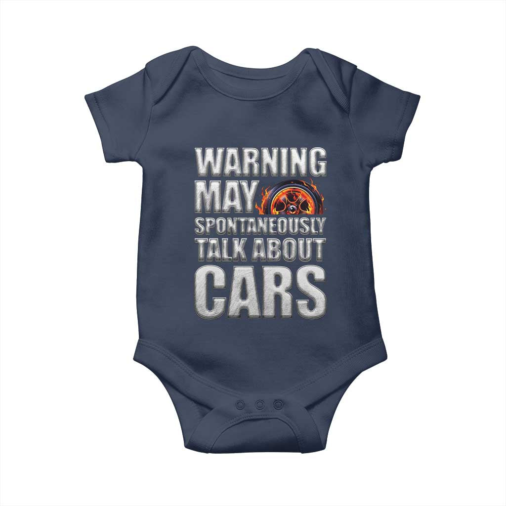 Car Lover Baby Onesie Warning May Spontaneously Talk About Cars TS09 Navy Print Your Wear