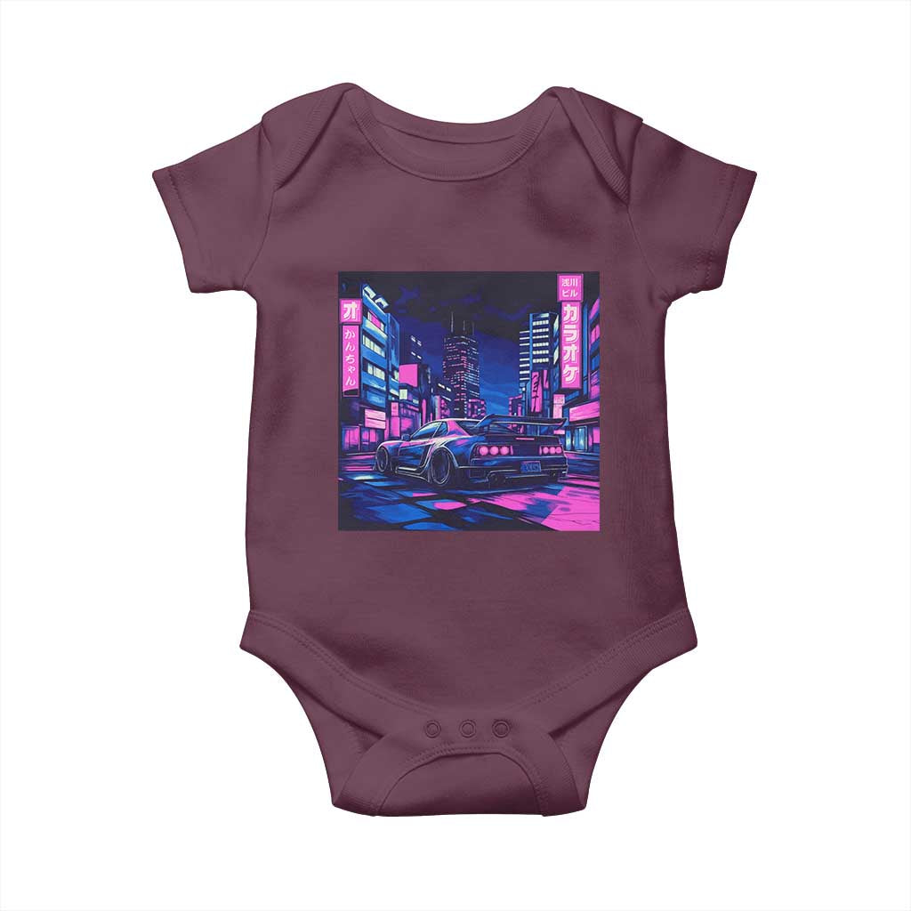 Tokyo Night Drive Baby Onesie Retro Futuristic JDM Street Racing Aesthetic TS09 Maroon Print Your Wear