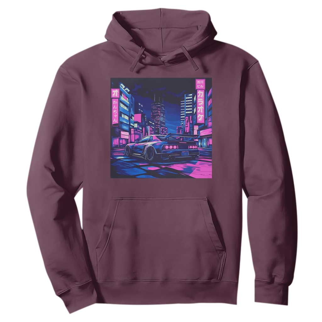 Tokyo Night Drive Hoodie Retro Futuristic JDM Street Racing Aesthetic TS09 Maroon Print Your Wear