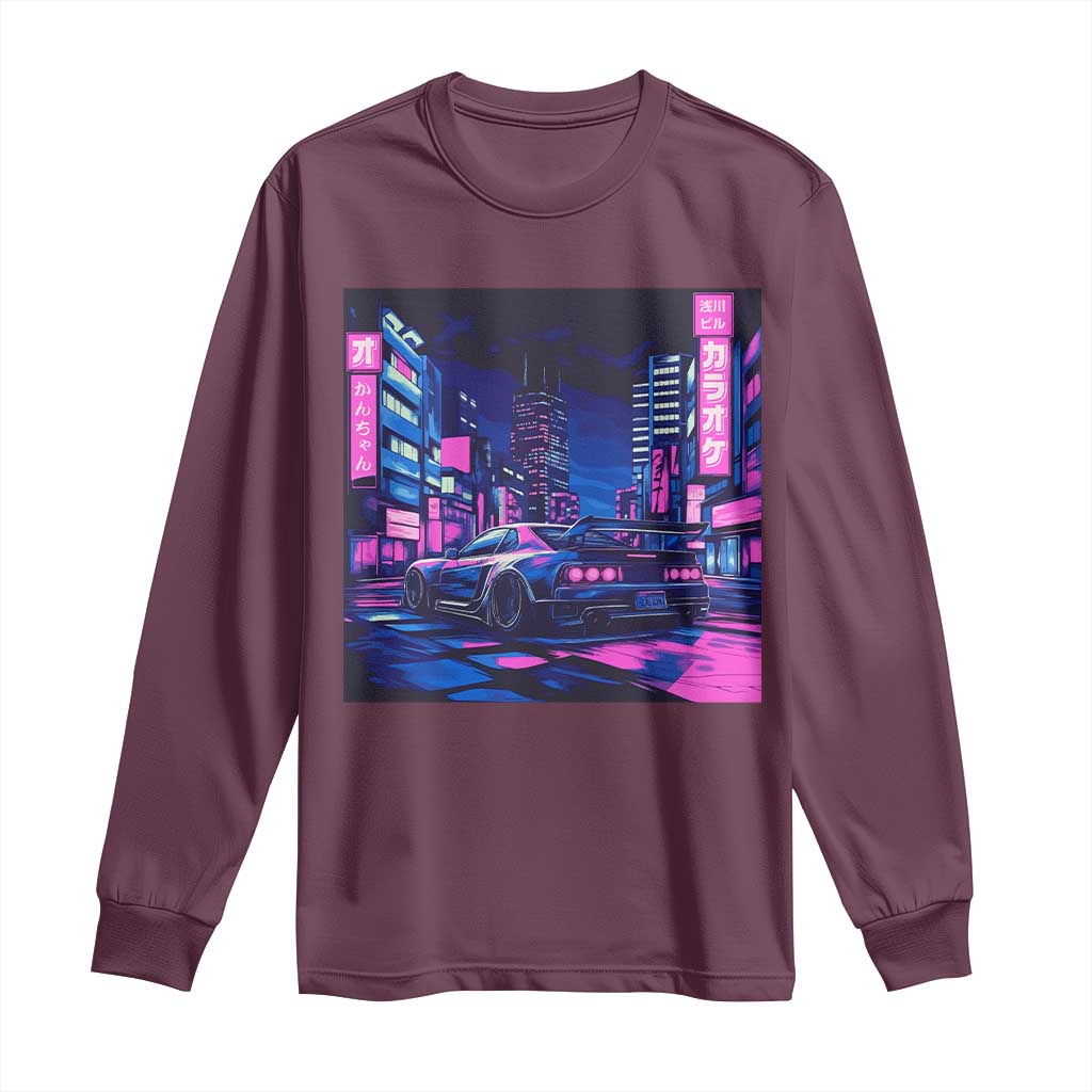 Tokyo Night Drive Long Sleeve Shirt Retro Futuristic JDM Street Racing Aesthetic TS09 Maroon Print Your Wear