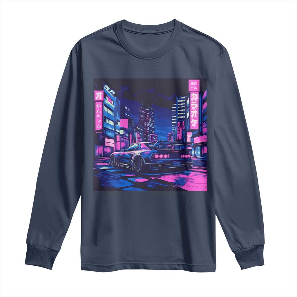 Tokyo Night Drive Long Sleeve Shirt Retro Futuristic JDM Street Racing Aesthetic TS09 Navy Print Your Wear