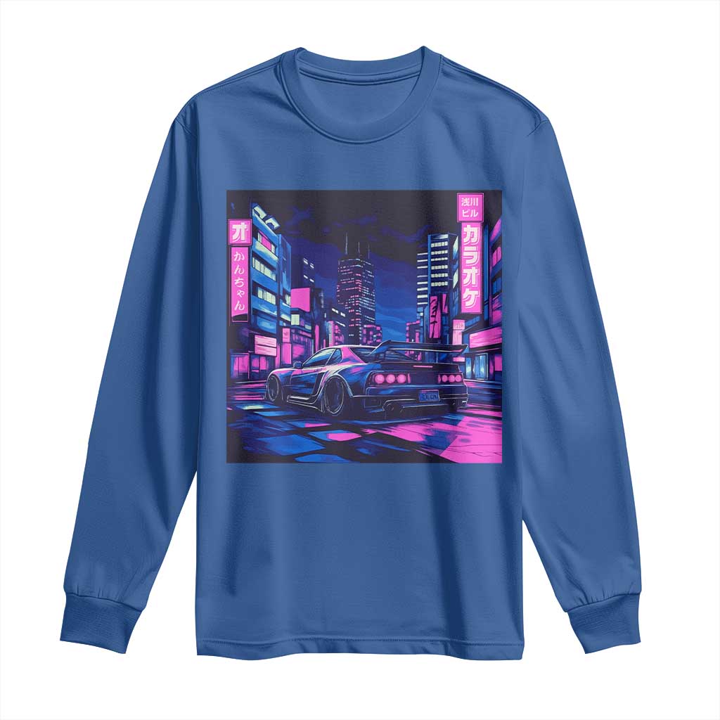 Tokyo Night Drive Long Sleeve Shirt Retro Futuristic JDM Street Racing Aesthetic TS09 Royal Blue Print Your Wear