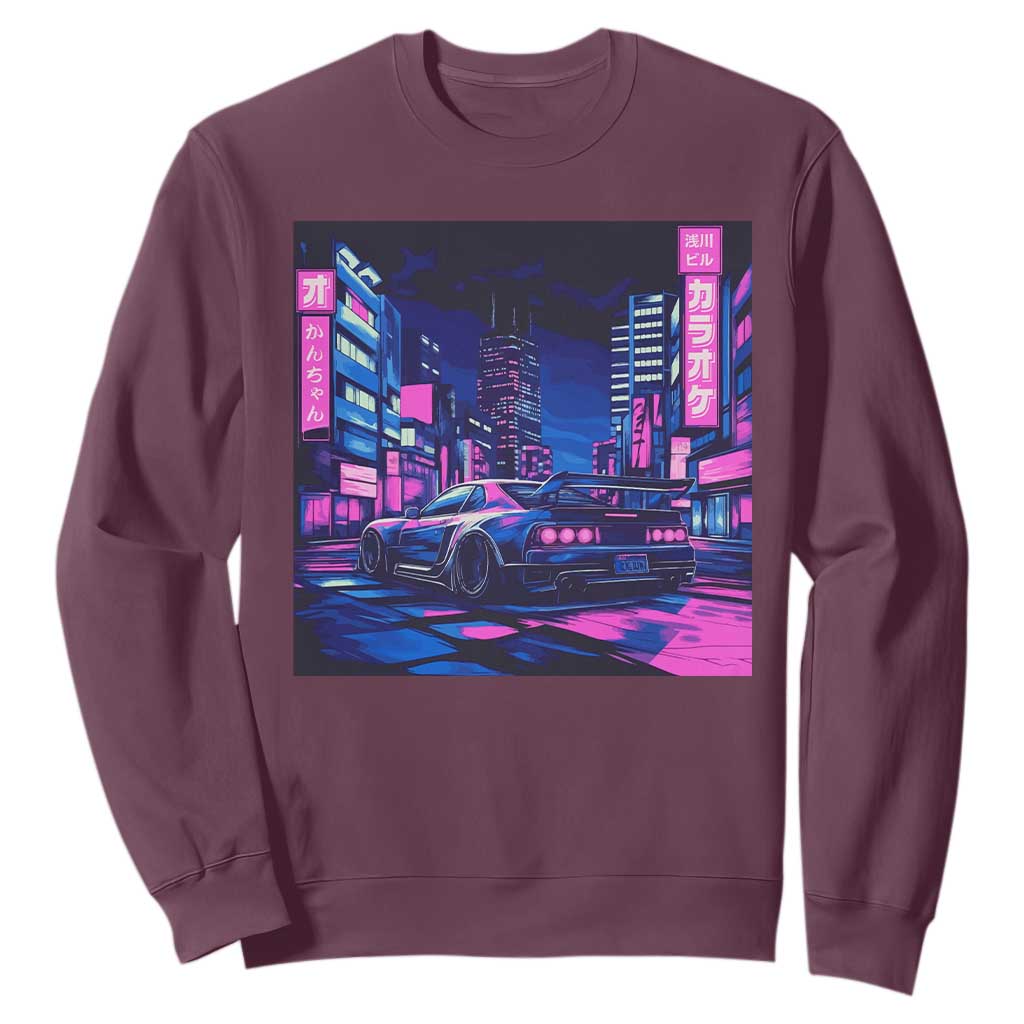 Tokyo Night Drive Sweatshirt Retro Futuristic JDM Street Racing Aesthetic TS09 Maroon Print Your Wear