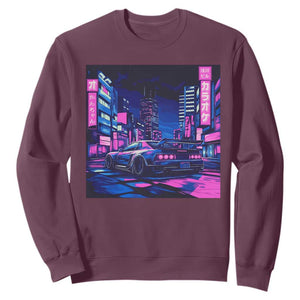 Tokyo Night Drive Sweatshirt Retro Futuristic JDM Street Racing Aesthetic TS09 Maroon Print Your Wear