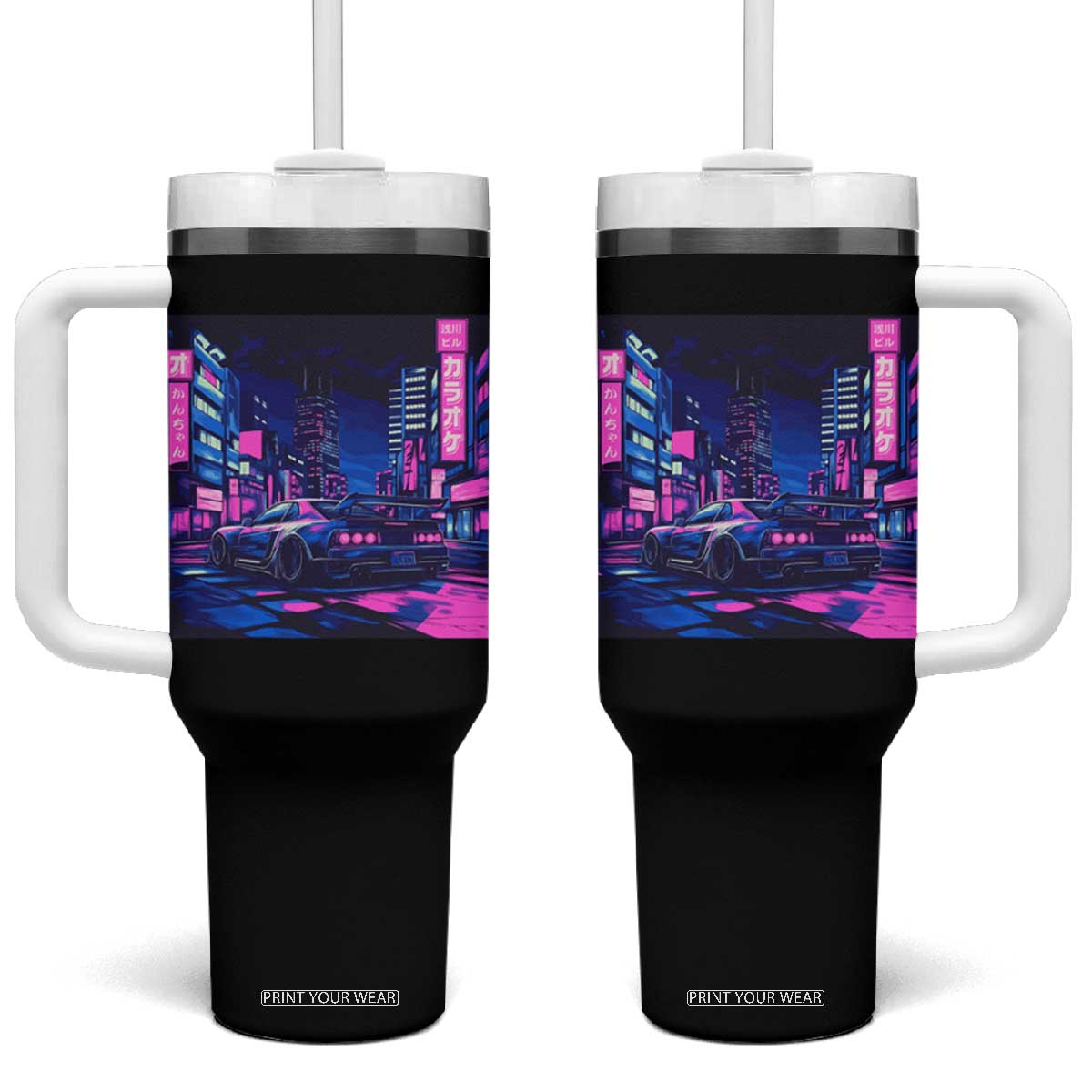 Tokyo Night Drive Tumbler With Handle Retro Futuristic JDM Street Racing Aesthetic TS09 One Size: 40 oz Black Print Your Wear