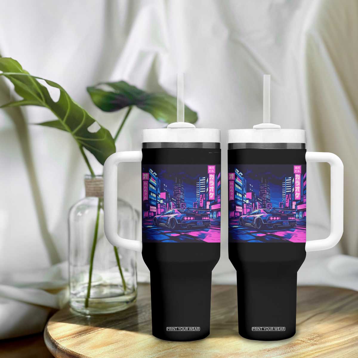 Tokyo Night Drive Tumbler With Handle Retro Futuristic JDM Street Racing Aesthetic TS09 Print Your Wear
