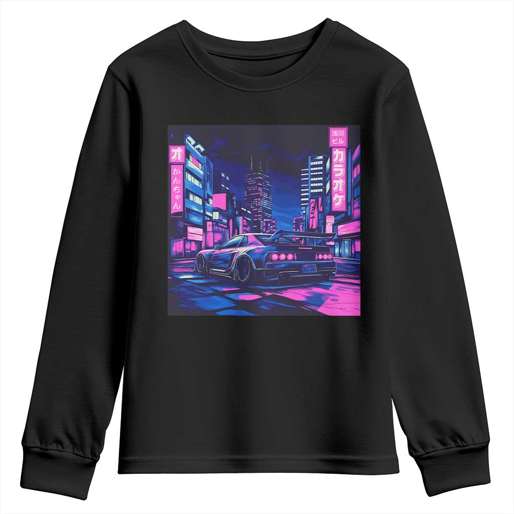 Tokyo Night Drive Youth Sweatshirt Retro Futuristic JDM Street Racing Aesthetic TS09 Black Print Your Wear