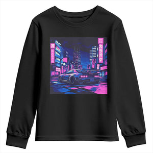 Tokyo Night Drive Youth Sweatshirt Retro Futuristic JDM Street Racing Aesthetic TS09 Black Print Your Wear