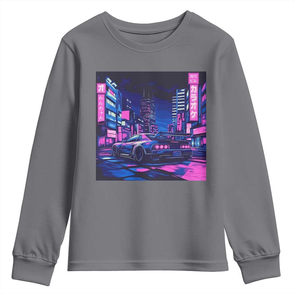 Tokyo Night Drive Youth Sweatshirt Retro Futuristic JDM Street Racing Aesthetic TS09 Charcoal Print Your Wear