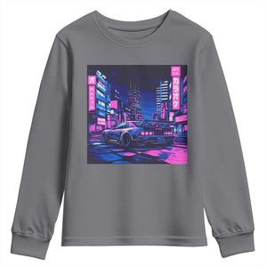 Tokyo Night Drive Youth Sweatshirt Retro Futuristic JDM Street Racing Aesthetic TS09 Charcoal Print Your Wear