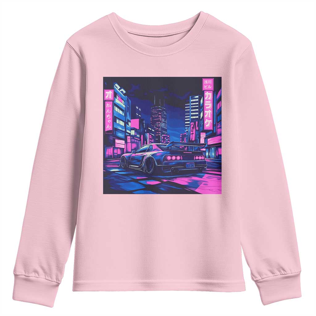 Tokyo Night Drive Youth Sweatshirt Retro Futuristic JDM Street Racing Aesthetic TS09 Light Pink Print Your Wear