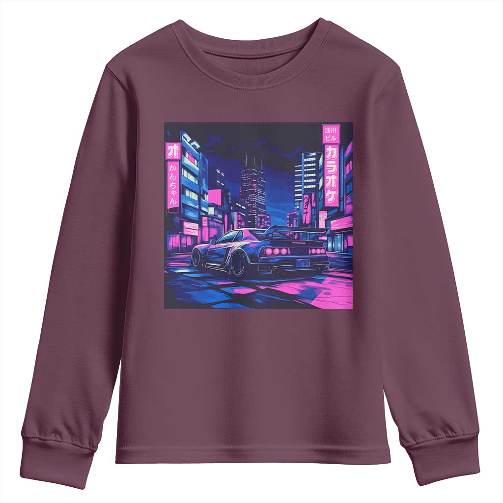 Tokyo Night Drive Youth Sweatshirt Retro Futuristic JDM Street Racing Aesthetic TS09 Maroon Print Your Wear