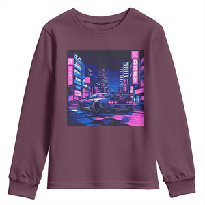 Tokyo Night Drive Youth Sweatshirt Retro Futuristic JDM Street Racing Aesthetic TS09 Maroon Print Your Wear