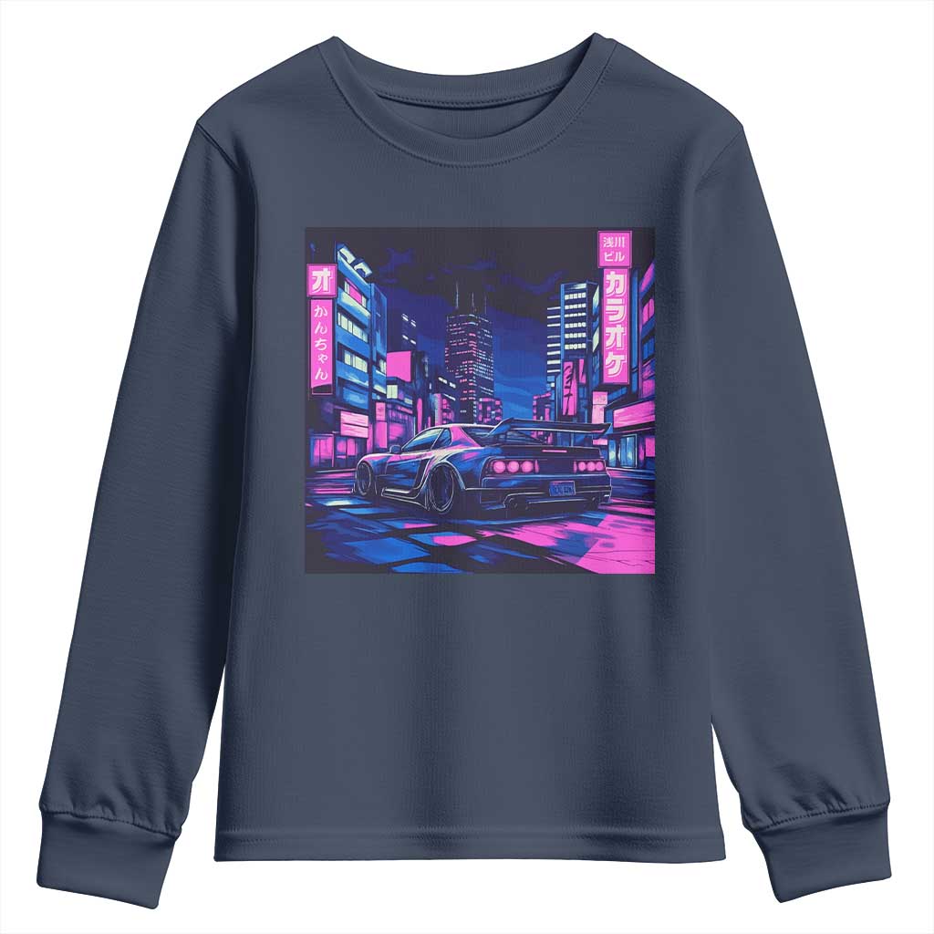 Tokyo Night Drive Youth Sweatshirt Retro Futuristic JDM Street Racing Aesthetic TS09 Navy Print Your Wear