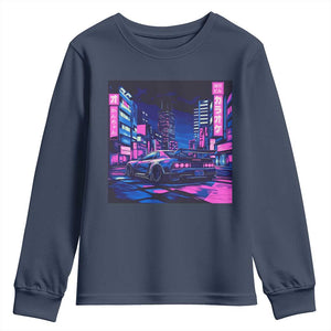 Tokyo Night Drive Youth Sweatshirt Retro Futuristic JDM Street Racing Aesthetic TS09 Navy Print Your Wear
