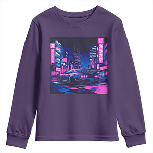 Tokyo Night Drive Youth Sweatshirt Retro Futuristic JDM Street Racing Aesthetic TS09 Purple Print Your Wear