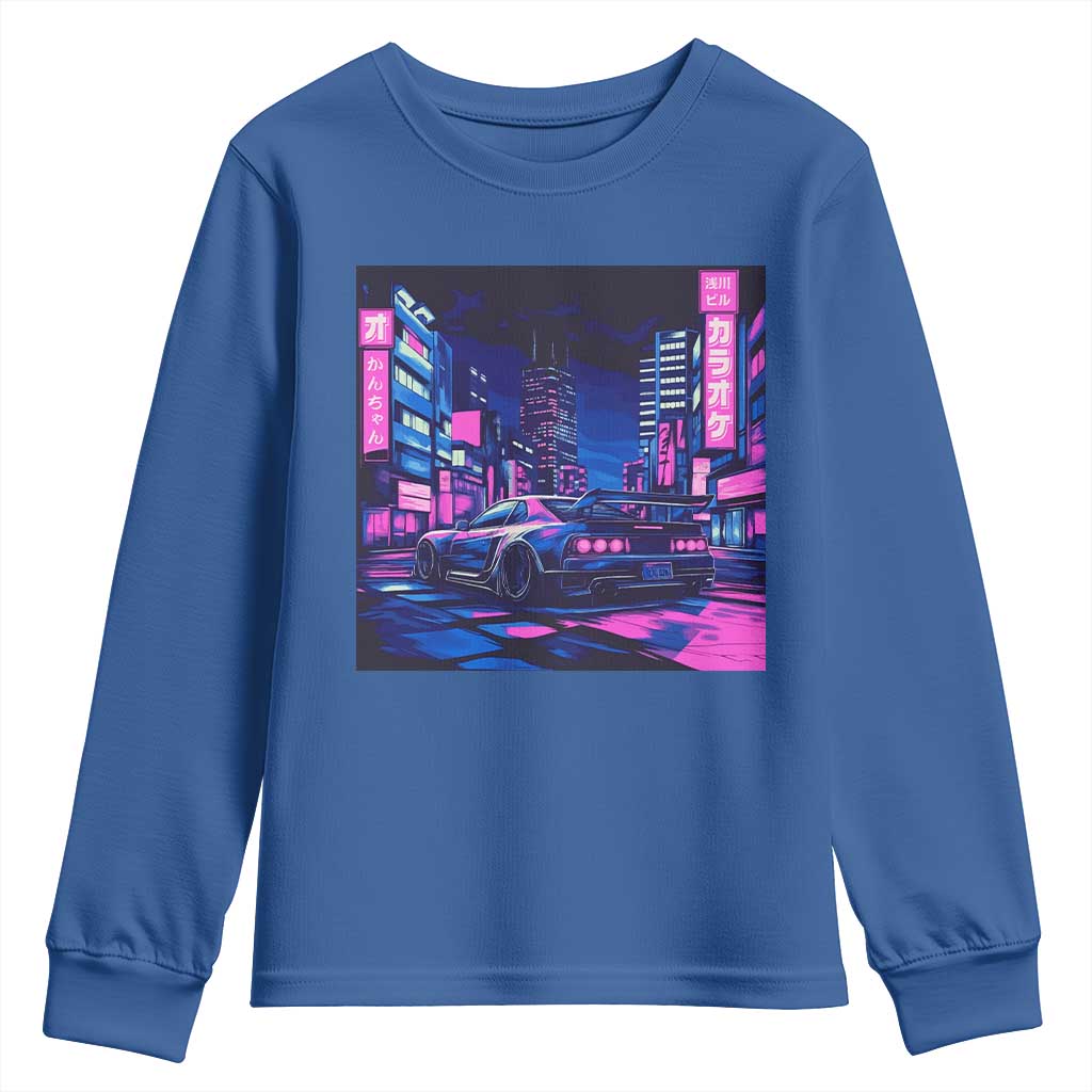 Tokyo Night Drive Youth Sweatshirt Retro Futuristic JDM Street Racing Aesthetic TS09 Royal Blue Print Your Wear