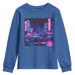 Tokyo Night Drive Youth Sweatshirt Retro Futuristic JDM Street Racing Aesthetic TS09 Royal Blue Print Your Wear