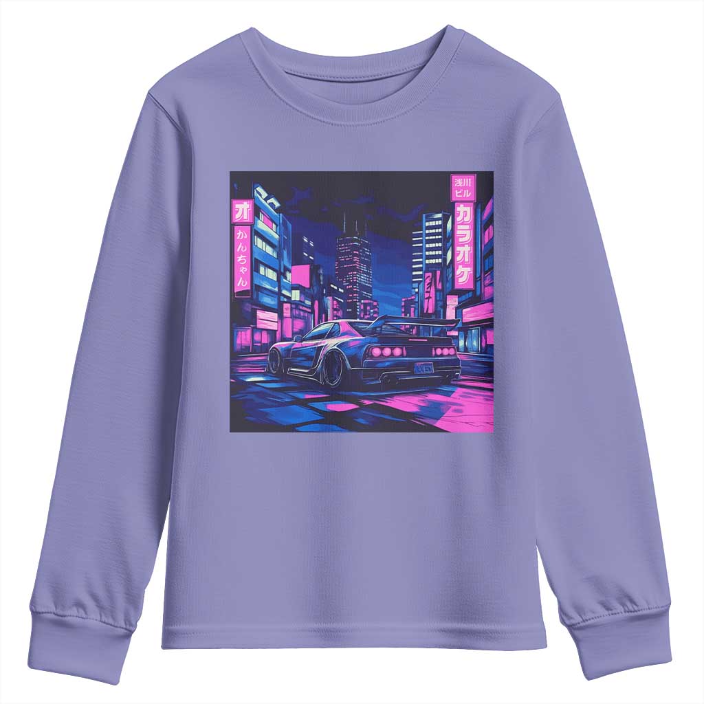 Tokyo Night Drive Youth Sweatshirt Retro Futuristic JDM Street Racing Aesthetic TS09 Violet Print Your Wear