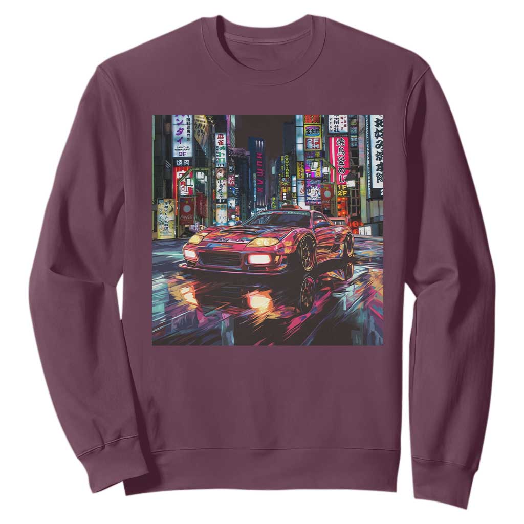 Tokyo Night Racer Sweatshirt JDM Street Racing Neon Aesthetic TS09 Maroon Print Your Wear