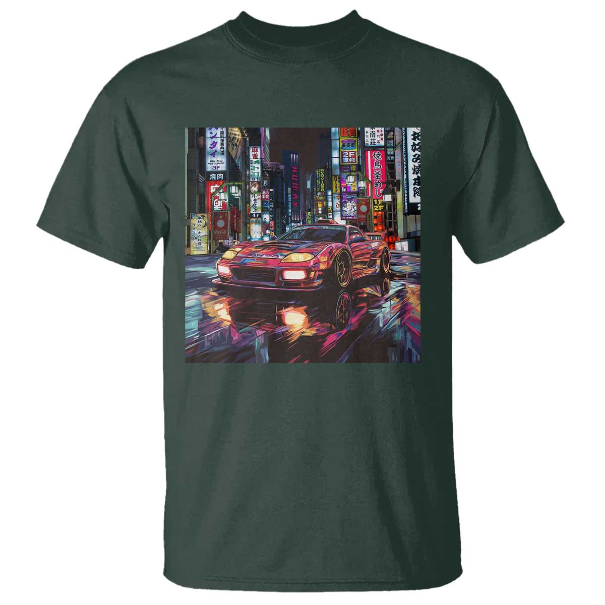 Tokyo Night Racer T Shirt JDM Street Racing Neon Aesthetic TS09 Dark Forest Green Print Your Wear