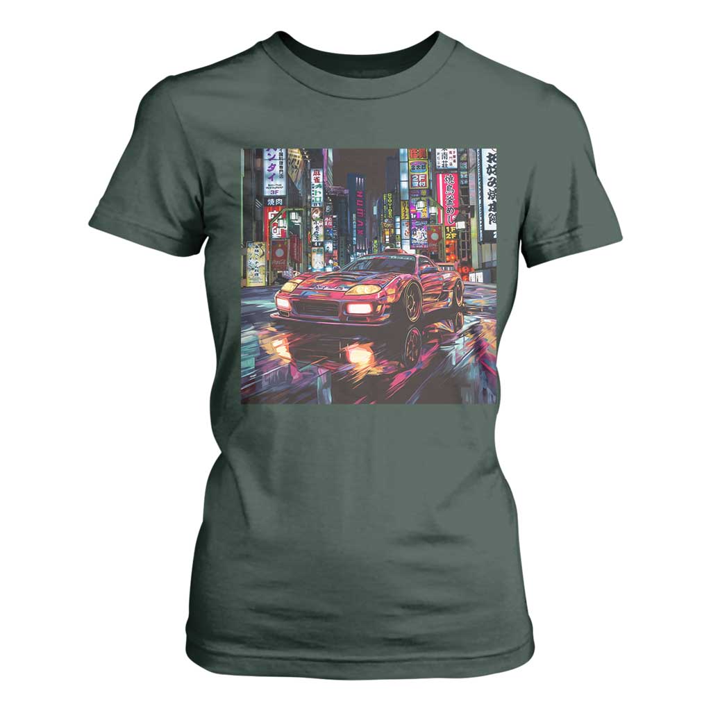 Tokyo Night Racer T Shirt For Women JDM Street Racing Neon Aesthetic TS09 Dark Forest Green Print Your Wear