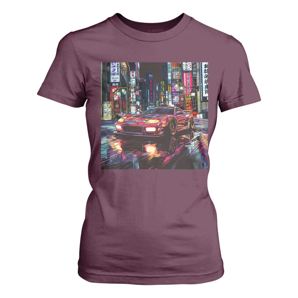 Tokyo Night Racer T Shirt For Women JDM Street Racing Neon Aesthetic TS09 Maroon Print Your Wear