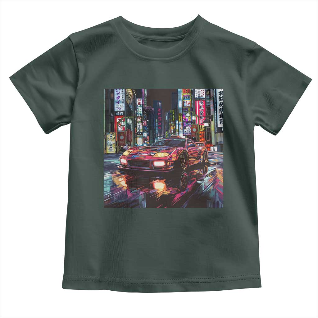 Tokyo Night Racer Toddler T Shirt JDM Street Racing Neon Aesthetic TS09 Dark Forest Green Print Your Wear