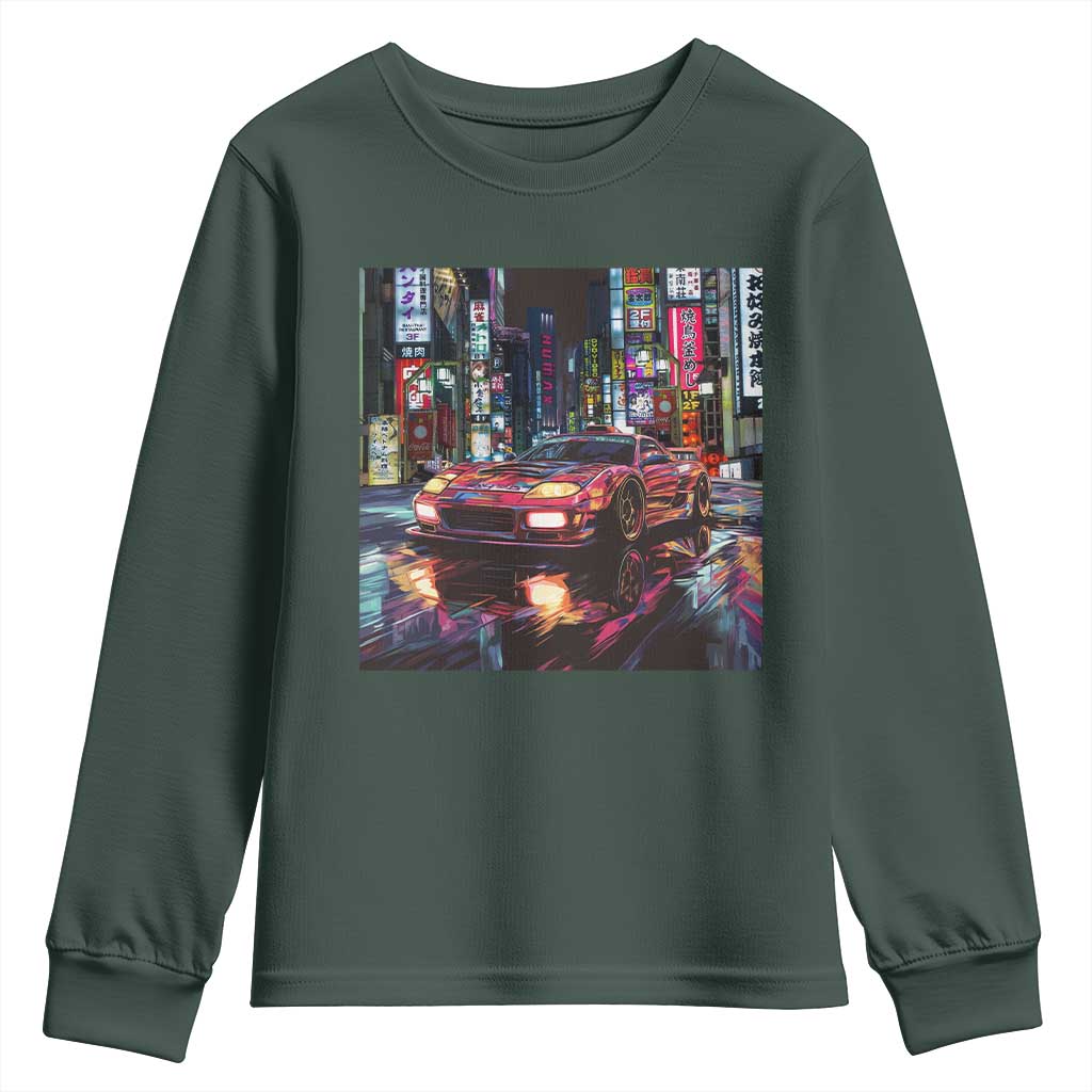 Tokyo Night Racer Youth Sweatshirt JDM Street Racing Neon Aesthetic TS09 Dark Forest Green Print Your Wear