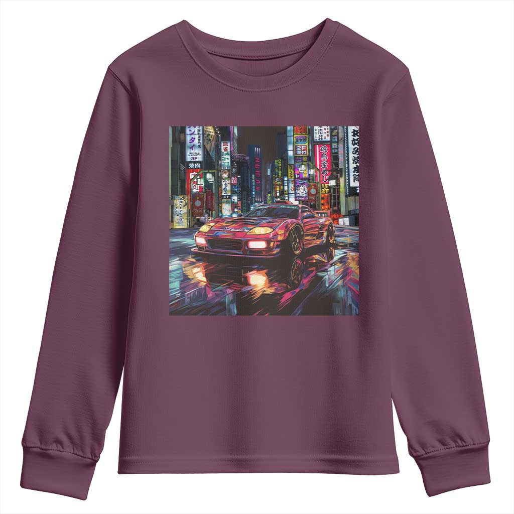 Tokyo Night Racer Youth Sweatshirt JDM Street Racing Neon Aesthetic TS09 Maroon Print Your Wear