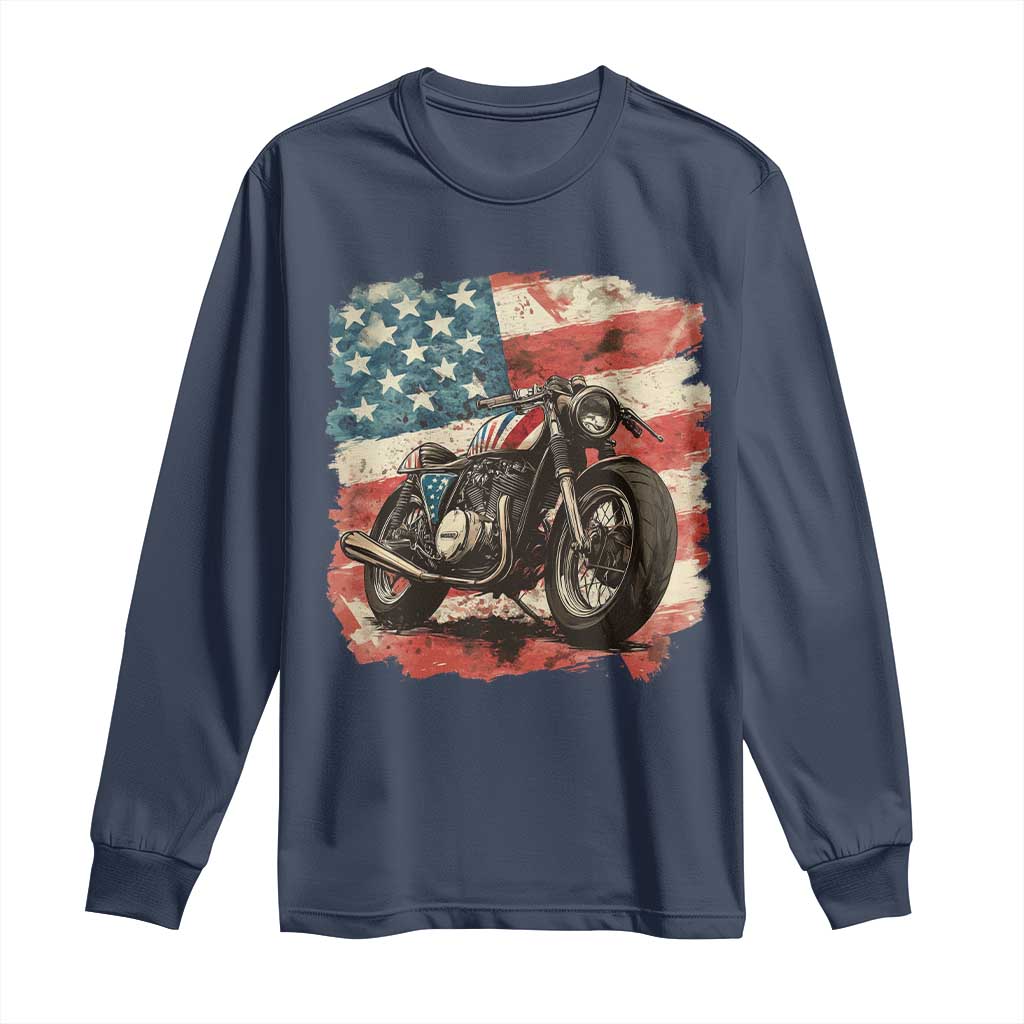 Motorcycle USA Flag Retro Biker Long Sleeve Shirt TS09 Navy Print Your Wear