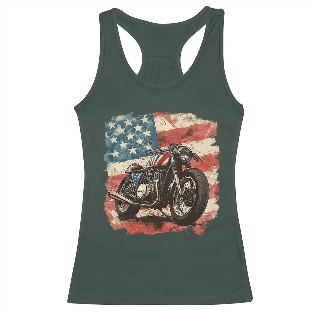 Motorcycle USA Flag Retro Biker Racerback Tank Top TS09 Dark Forest Green Print Your Wear
