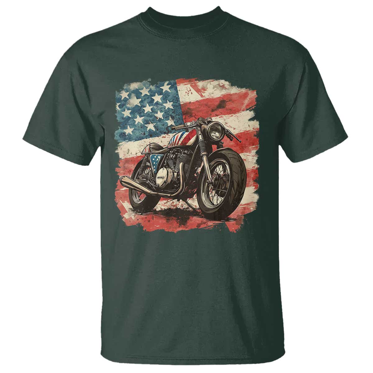 Motorcycle USA Flag Retro Biker T Shirt TS09 Dark Forest Green Print Your Wear