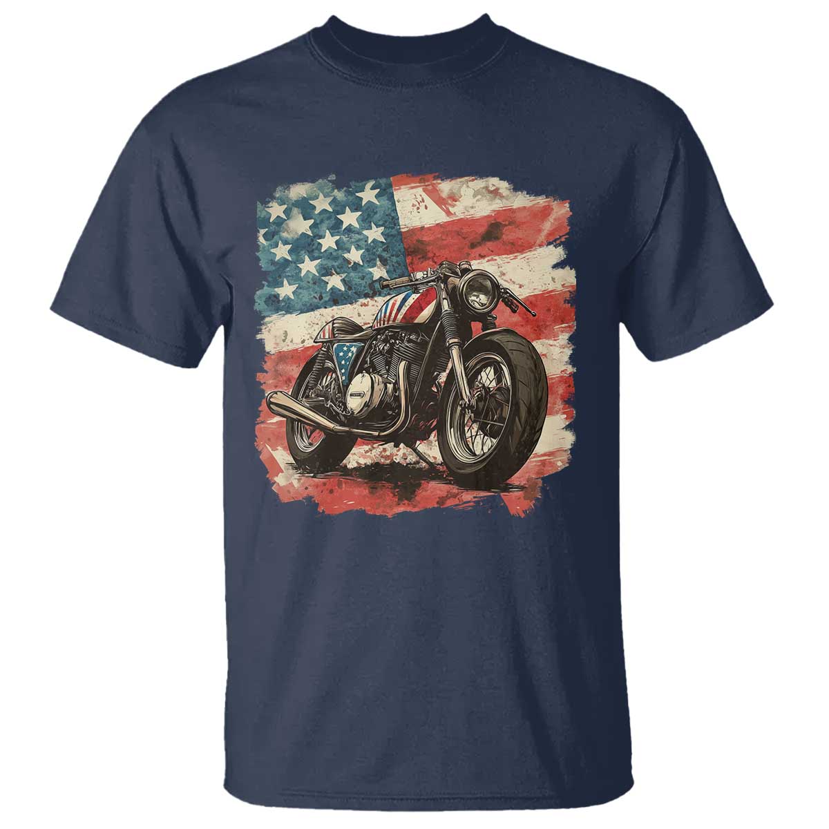 Motorcycle USA Flag Retro Biker T Shirt TS09 Navy Print Your Wear