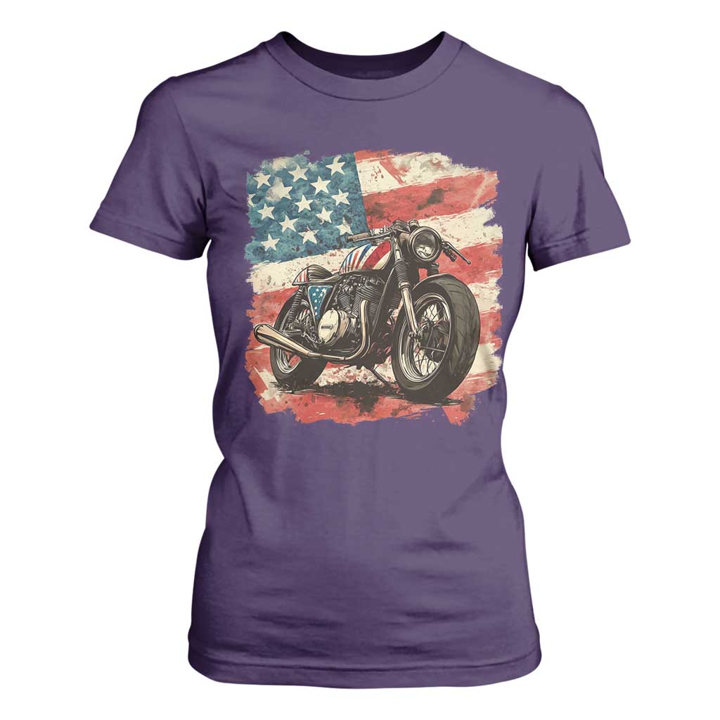 Motorcycle USA Flag Retro Biker T Shirt For Women TS09 Purple Print Your Wear