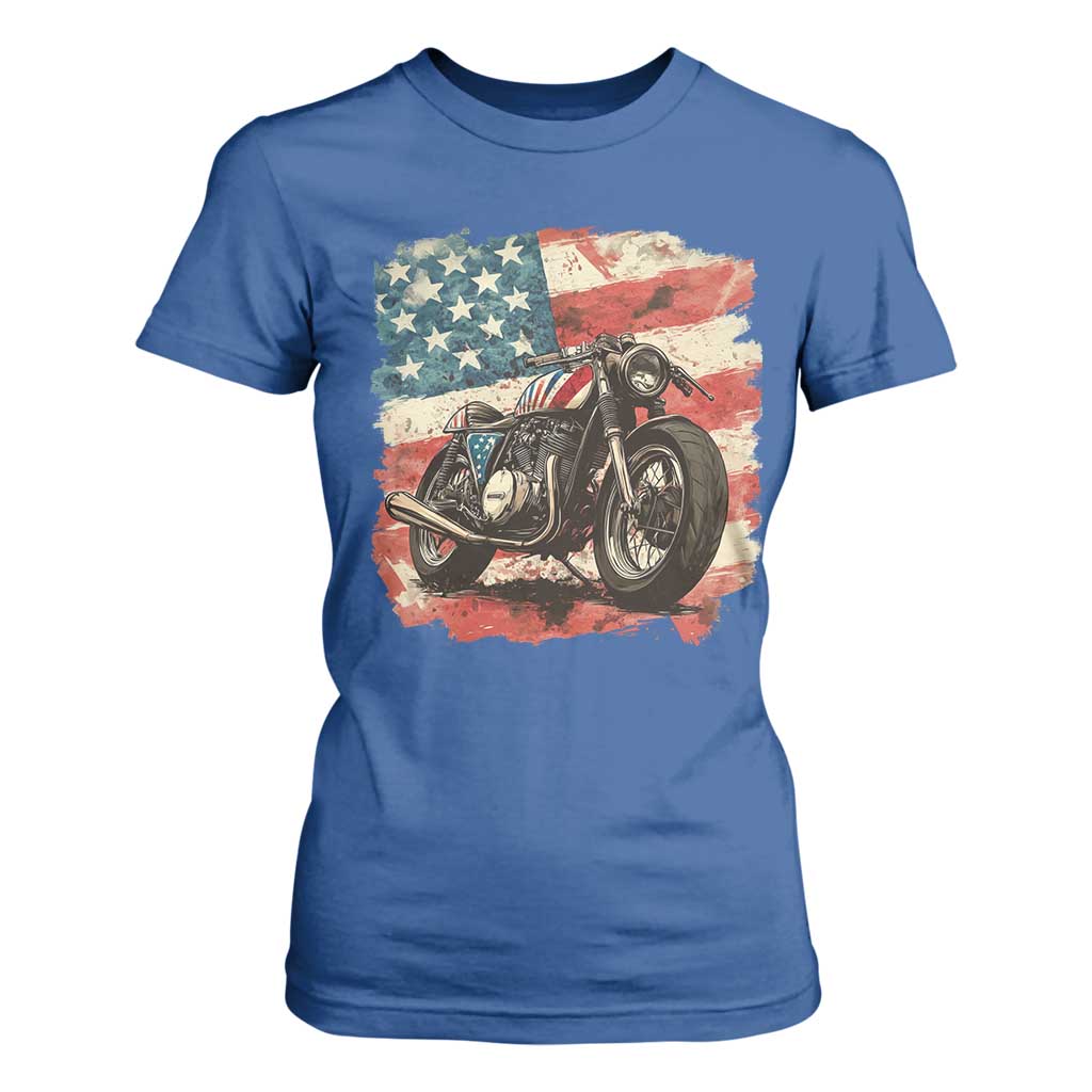 Motorcycle USA Flag Retro Biker T Shirt For Women TS09 Royal Blue Print Your Wear