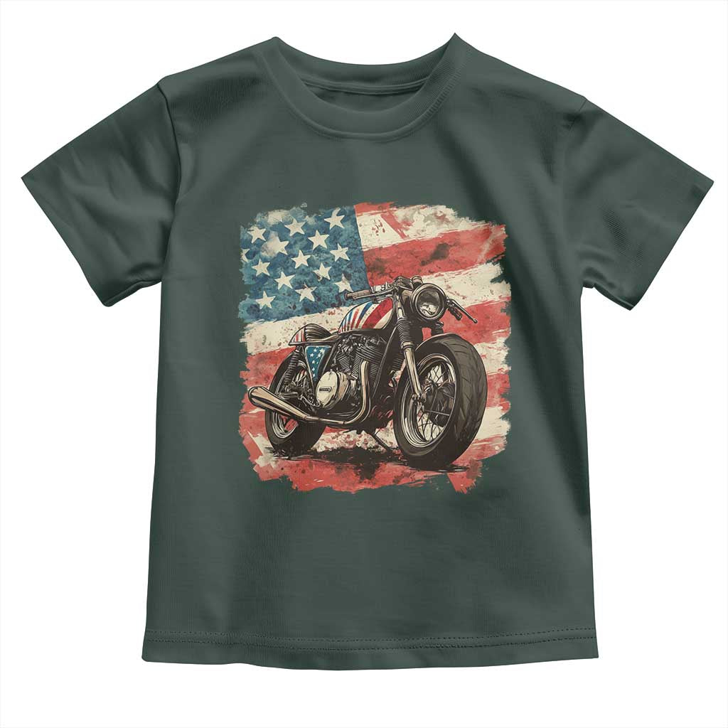 Motorcycle USA Flag Retro Biker Toddler T Shirt TS09 Dark Forest Green Print Your Wear