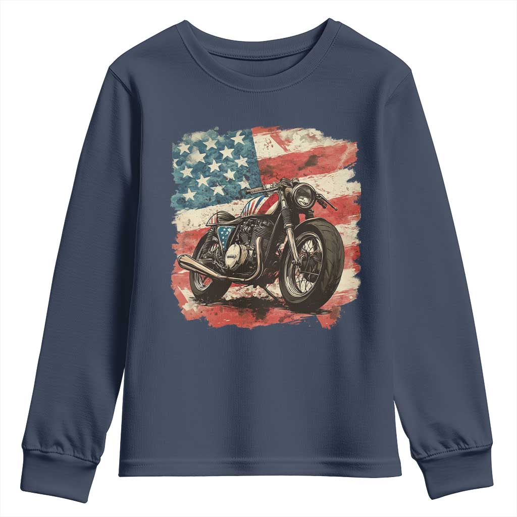 Motorcycle USA Flag Retro Biker Youth Sweatshirt TS09 Navy Print Your Wear