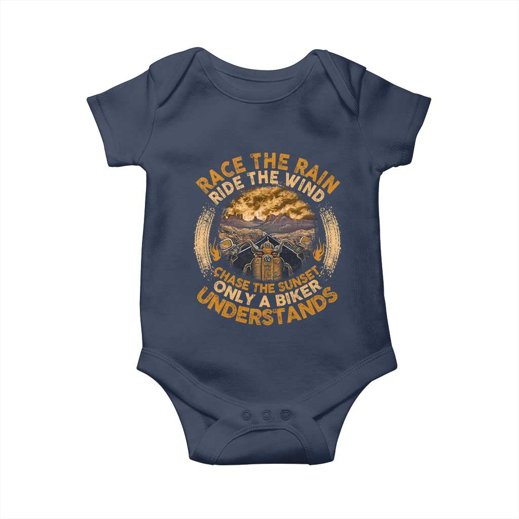 Motorcycle Rider Baby Onesie Race The Rain Ride The Wind Chase The Sunset TS09 Navy Print Your Wear