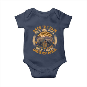 Motorcycle Rider Baby Onesie Race The Rain Ride The Wind Chase The Sunset TS09 Navy Print Your Wear