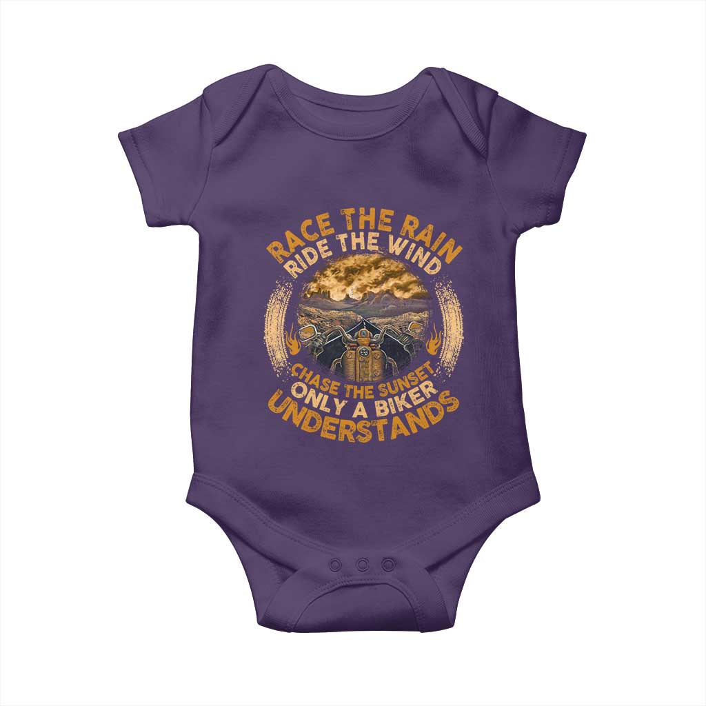 Motorcycle Rider Baby Onesie Race The Rain Ride The Wind Chase The Sunset TS09 Purple Print Your Wear