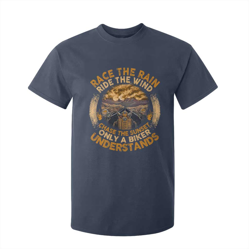 Motorcycle Rider T Shirt For Kid Race The Rain Ride The Wind Chase The Sunset TS09 Navy Print Your Wear