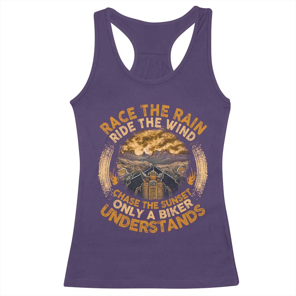 Motorcycle Rider Racerback Tank Top Race The Rain Ride The Wind Chase The Sunset TS09 Purple Print Your Wear