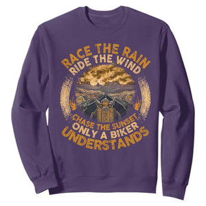 Motorcycle Rider Sweatshirt Race The Rain Ride The Wind Chase The Sunset TS09 Purple Print Your Wear